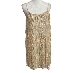 Sadie & Sage gold sequin tassel cocktail dress w/ adjustable straps NWT - M